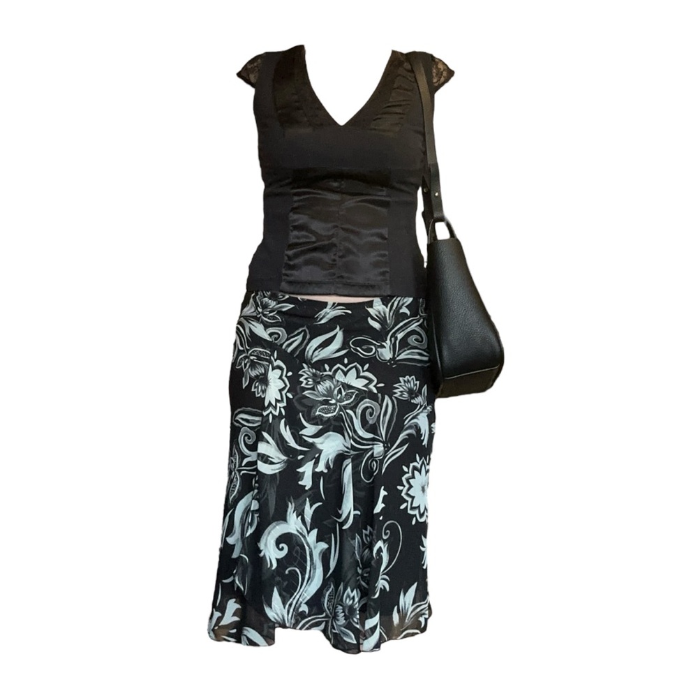 black and white floral midi skirt